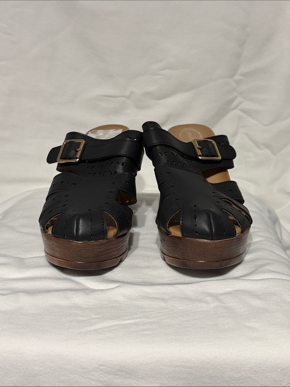 Women's Black Leather Buckle Platform Sandals